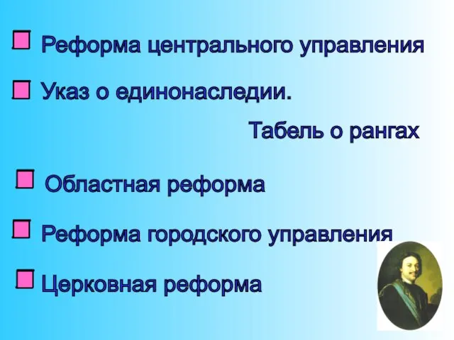 Реформа центрального управления Указ о единонаследии. Табель о рангах Областная реформа Реформа городского управления Церковная реформа