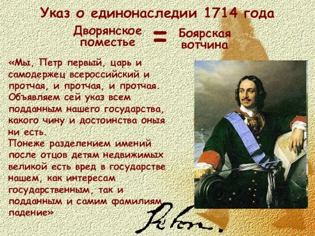 Указ о единонаследии 1714 года Дворянское поместье Боярская вотчина = «Мы, Петр