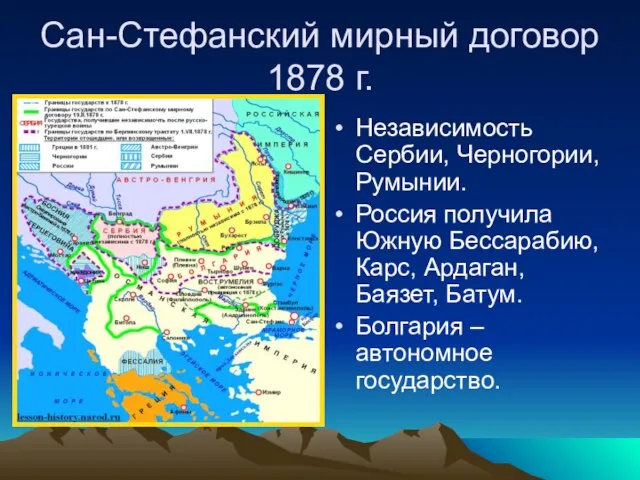 Сан-Стефанский мирный договор 1878 г. Независимость Сербии, Черногории, Румынии. Россия получила Южную