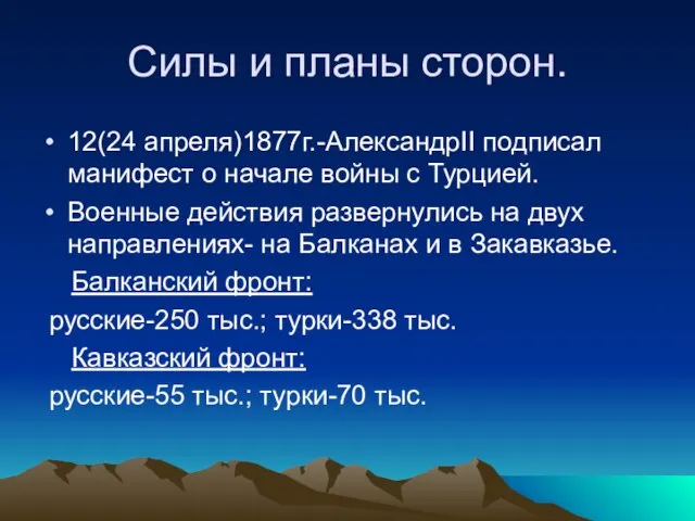 Силы и планы сторон. 12(24 апреля)1877г.-АлександрII подписал манифест о начале войны с