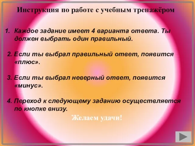 Инструкция по работе с учебным тренажёром Каждое задание имеет 4 варианта ответа.