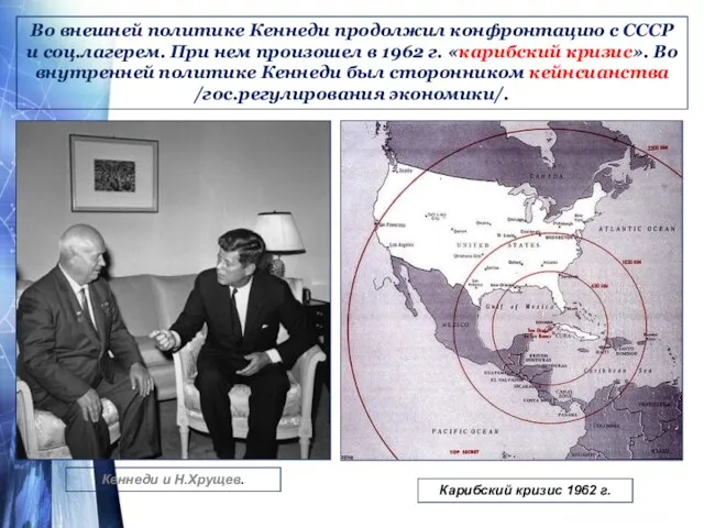 Во внешней политике Кеннеди продолжил конфронтацию с СССР и соц.лагерем. При нем