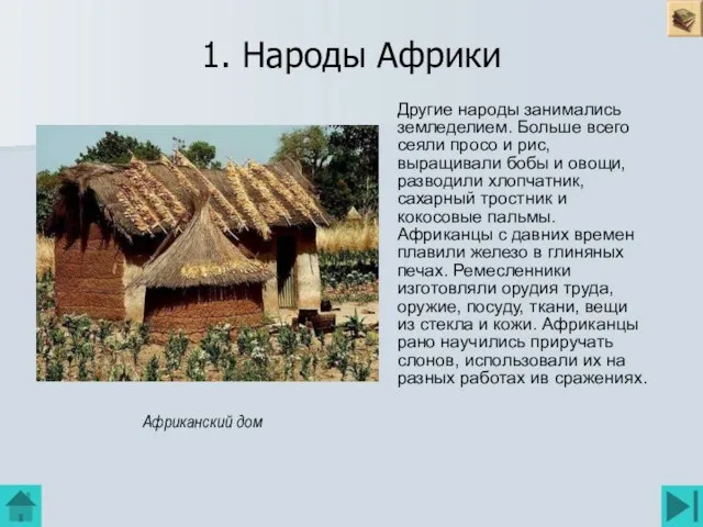 1. Народы Африки Другие народы занимались земледелием. Больше всего сеяли просо и