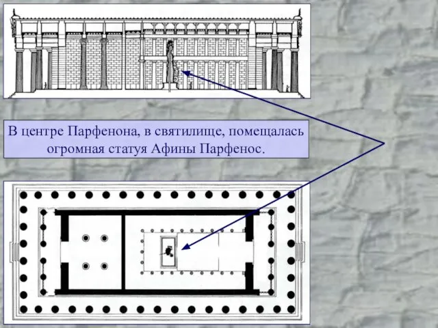 В центре Парфенона, в святилище, помещалась огромная статуя Афины Парфенос.