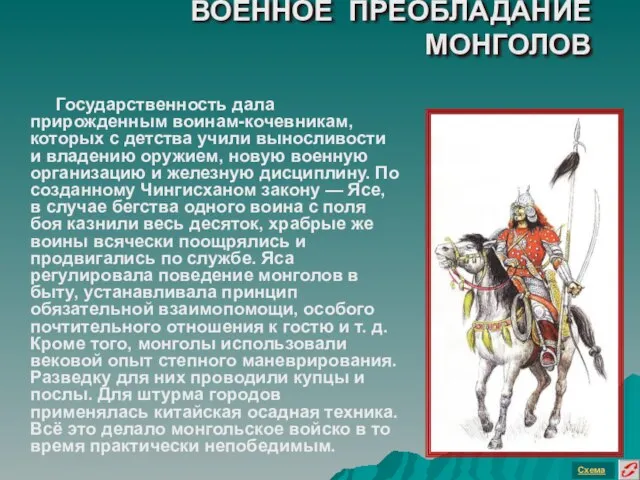 ВОЕННОЕ ПРЕОБЛАДАНИЕ МОНГОЛОВ Государственность дала прирожденным воинам-кочевникам, которых с детства учили выносливости