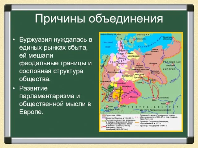 Причины объединения Буржуазия нуждалась в единых рынках сбыта, ей мешали феодальные границы