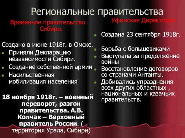 Региональные правительства Временное правительство Сибири. Создано в июне 1918г. в Омске. Приняли