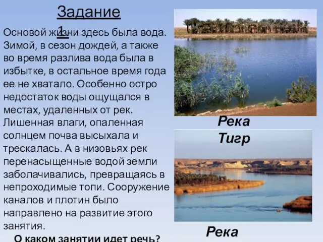 Река Тигр Река Евфрат Задание 1. Основой жизни здесь была вода. Зимой,