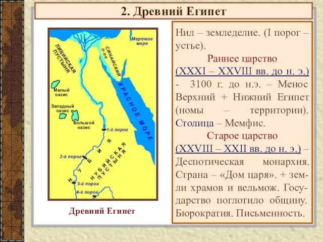 2. Древний Египет Нил – земледелие. (I порог – устье). Раннее царство