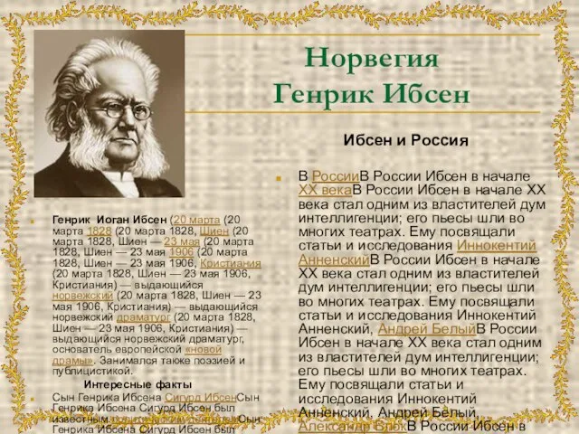 Норвегия Генрик Ибсен Генрик Иоган Ибсен (20 марта (20 марта 1828 (20