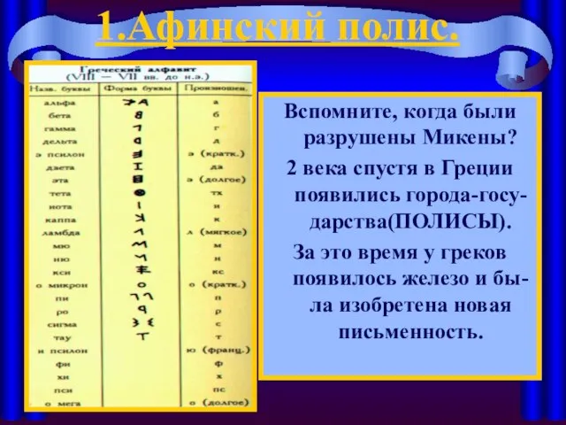 1.Афинский полис. Вспомните, когда были разрушены Микены? 2 века спустя в Греции