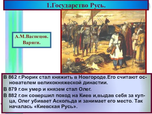 В 862 г.Рюрик стал княжить в Новгороде.Его считают ос-нователем великокняжеской династии. В