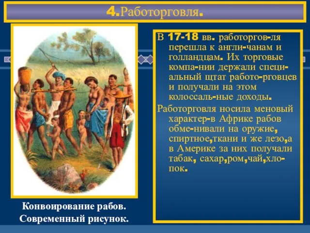 4.Работорговля. В 17-18 вв. работоргов-ля перешла к англи-чанам и голландцам. Их торговые