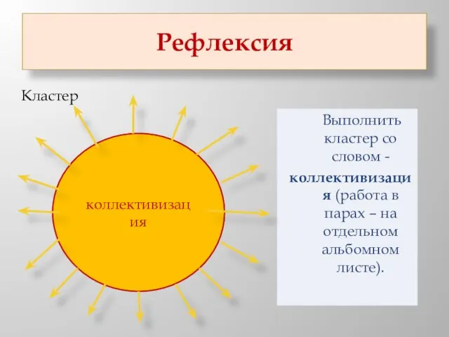 Рефлексия Кластер Выполнить кластер со словом - коллективизация (работа в парах –