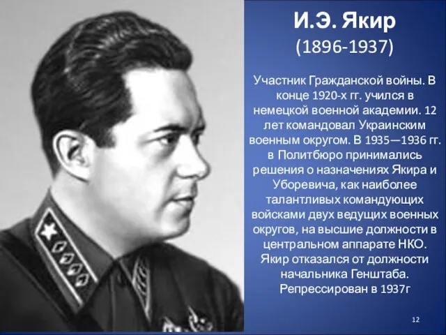 И.Э. Якир (1896-1937) Участник Гражданской войны. В конце 1920-х гг. учился в