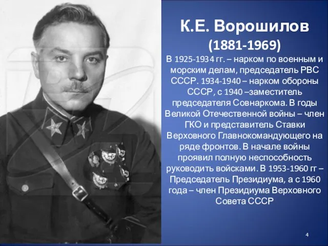 К.Е. Ворошилов (1881-1969) В 1925-1934 гг. – нарком по военным и морским