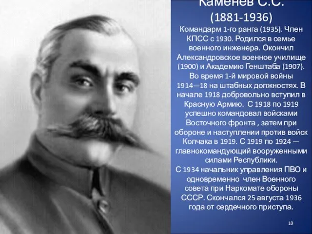 Каменев С.С. (1881-1936) Командарм 1-го ранга (1935). Член КПСС с 1930. Родился