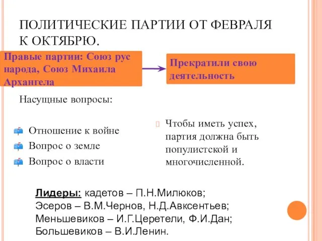 ПОЛИТИЧЕСКИЕ ПАРТИИ ОТ ФЕВРАЛЯ К ОКТЯБРЮ. Насущные вопросы: Отношение к войне Вопрос