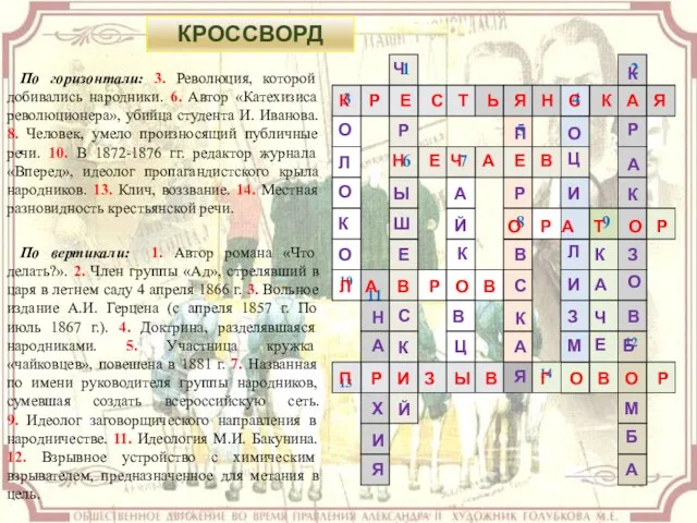 По горизонтали: 3. Революция, которой добивались народники. 6. Автор «Катехизиса революционера», убийца