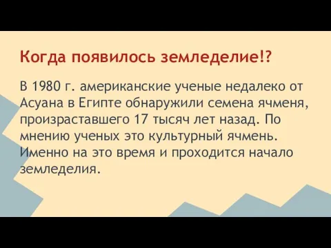 Когда появилось земледелие!? В 1980 г. американские ученые недалеко от Асуана в