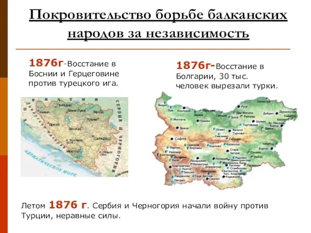 1876г-Восстание в Болгарии, 30 тыс. человек вырезали турки. 1876г-Восстание в Боснии и