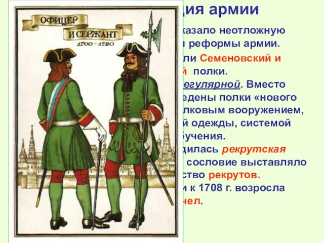 2. Реорганизация армии Поражение под Нарвой показало неотложную необходимость ускорения реформы армии.