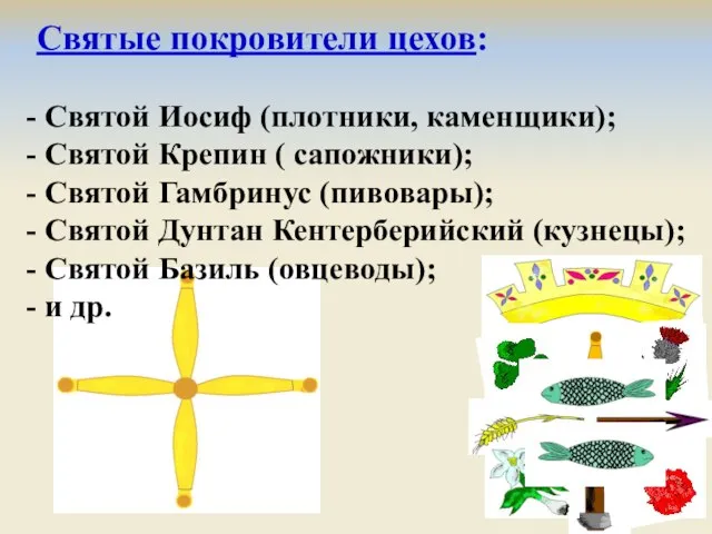 Святые покровители цехов: Святой Иосиф (плотники, каменщики); Святой Крепин ( сапожники); Святой