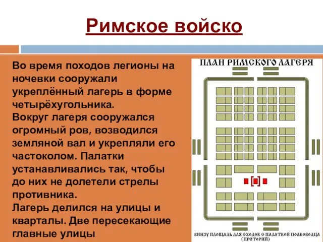 Римское войско Во время походов легионы на ночевки сооружали укреплённый лагерь в