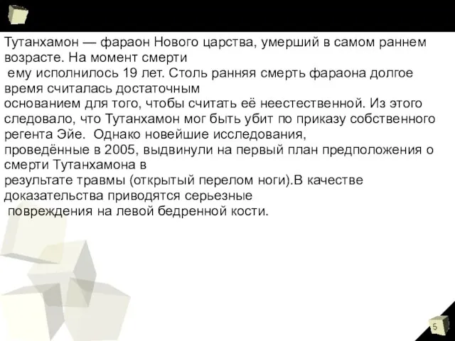 Тутанхамон — фараон Нового царства, умерший в самом раннем возрасте. На момент