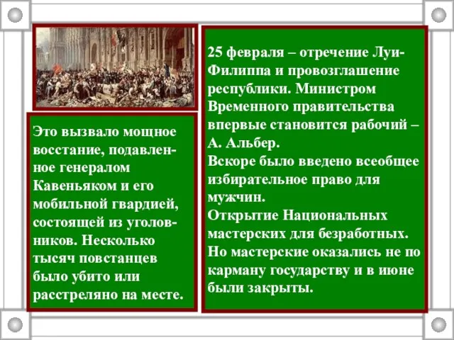 25 февраля – отречение Луи-Филиппа и провозглашение республики. Министром Временного правительства впервые