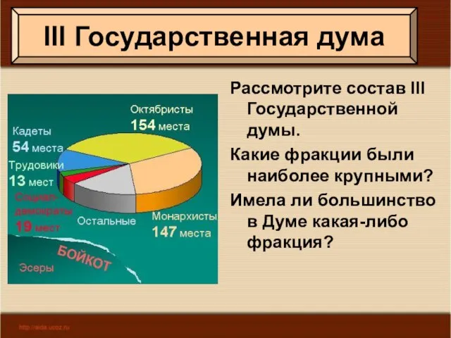 Рассмотрите состав III Государственной думы. Какие фракции были наиболее крупными? Имела ли