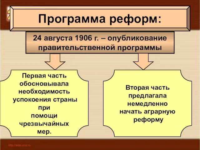 Программа реформ: 24 августа 1906 г. – опубликование правительственной программы Первая часть