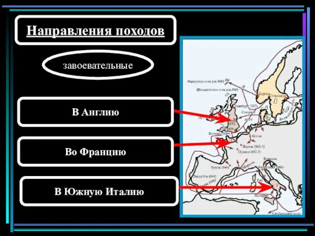 Направления походов завоевательные В Англию Во Францию В Южную Италию