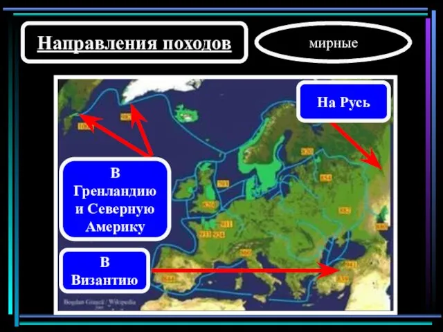 Направления походов В Византию мирные На Русь В Гренландию и Северную Америку