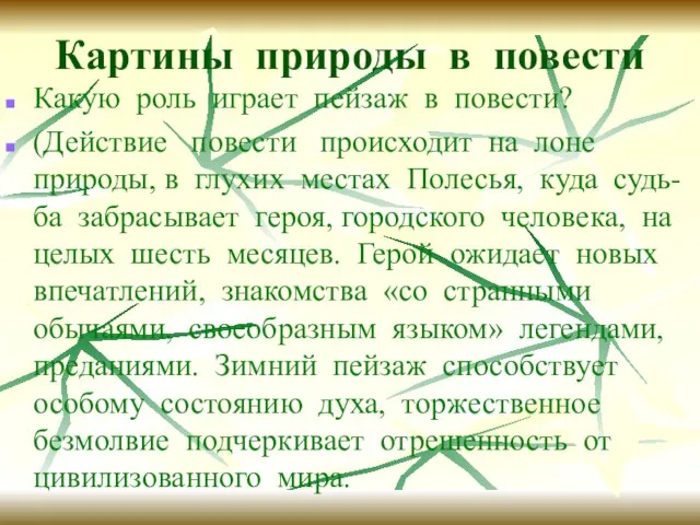 Картины природы в повести Какую роль играет пейзаж в повести? (Действие повести