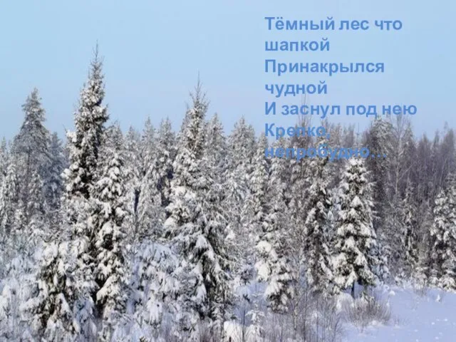 Тёмный лес что шапкой Принакрылся чудной И заснул под нею Крепко, непробудно…