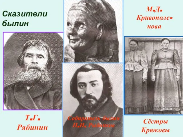 Сказители былин Т.Г. Рябинин М.Д. Кривополе-нова Сёстры Крюковы Собиратель былин П.Н. Рыбников