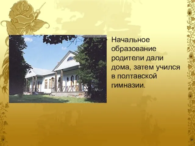 Начальное образование родители дали дома, затем учился в полтавской гимназии.