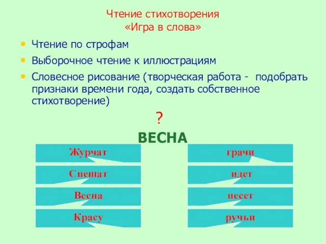 Чтение стихотворения «Игра в слова» Чтение по строфам Выборочное чтение к иллюстрациям