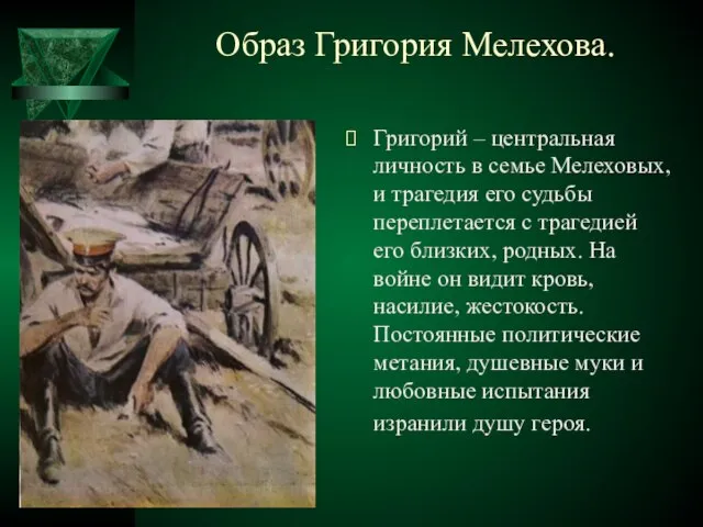 Образ Григория Мелехова. Григорий – центральная личность в семье Мелеховых, и трагедия