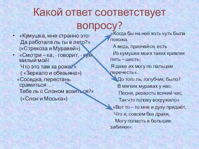 Какой ответ соответствует вопросу? «Кумушка, мне странно это: Да работала ль ты