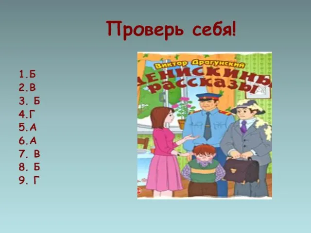 Проверь себя! 1.Б 2.В 3. Б 4.Г 5.А 6.А 7. В 8. Б 9. Г