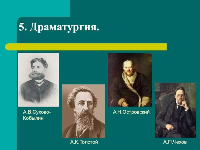 5. Драматургия. А.В.Сухово- Кобылин А.К.Толстой А.Н.Островский А.П.Чехов