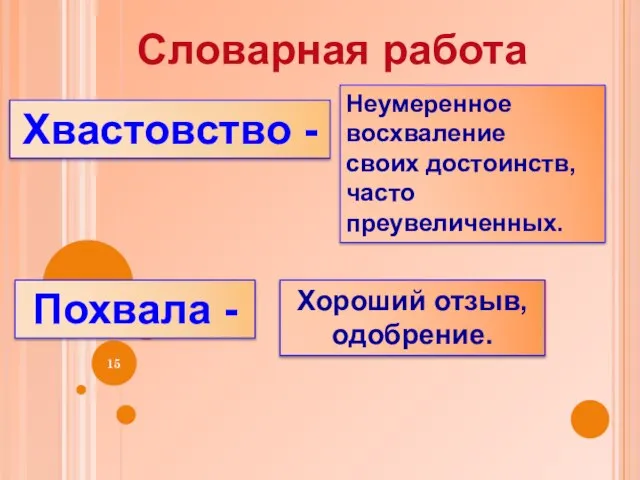 Словарная работа Хвастовство - Неумеренное восхваление своих достоинств, часто преувеличенных. Похвала - Хороший отзыв, одобрение.