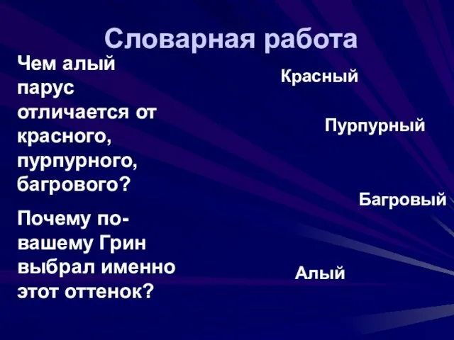 Словарная работа Красный Пурпурный Багровый Алый Чем алый парус отличается от красного,