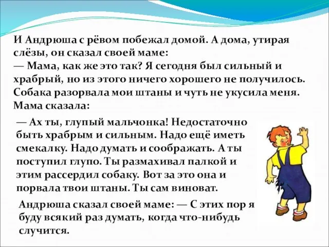 И Андрюша с рёвом побежал домой. А дома, утирая слёзы, он сказал