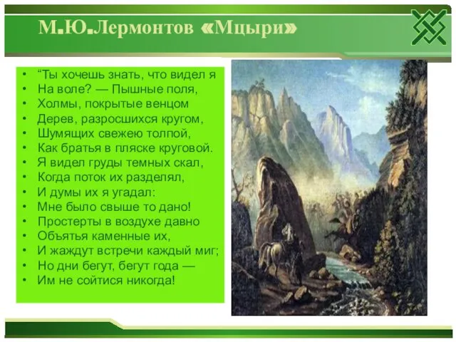 М.Ю.Лермонтов «Мцыри» “Ты хочешь знать, что видел я На воле? — Пышные