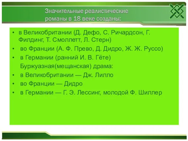 в Великобритании (Д. Дефо, С. Ричардсон, Г. Филдинг, Т. Смоллетт, Л. Стерн)