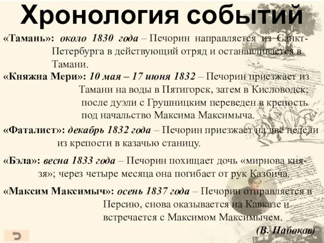 Хронология событий «Тамань»: около 1830 года – Печорин направляется из Санкт- Петербурга