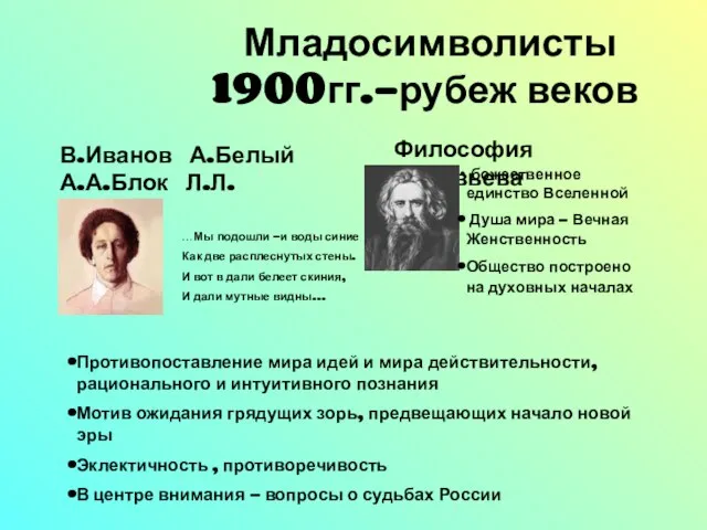 Младосимволисты 1900гг.-рубеж веков В.Иванов А.Белый А.А.Блок Л.Л. Эллис Философия Соловьева …Мы подошли